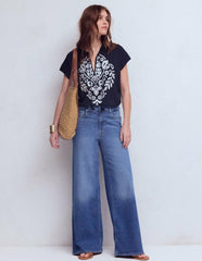 Nina Embroidered Notch T-shirt-Navy Embroidery / Boden Sale