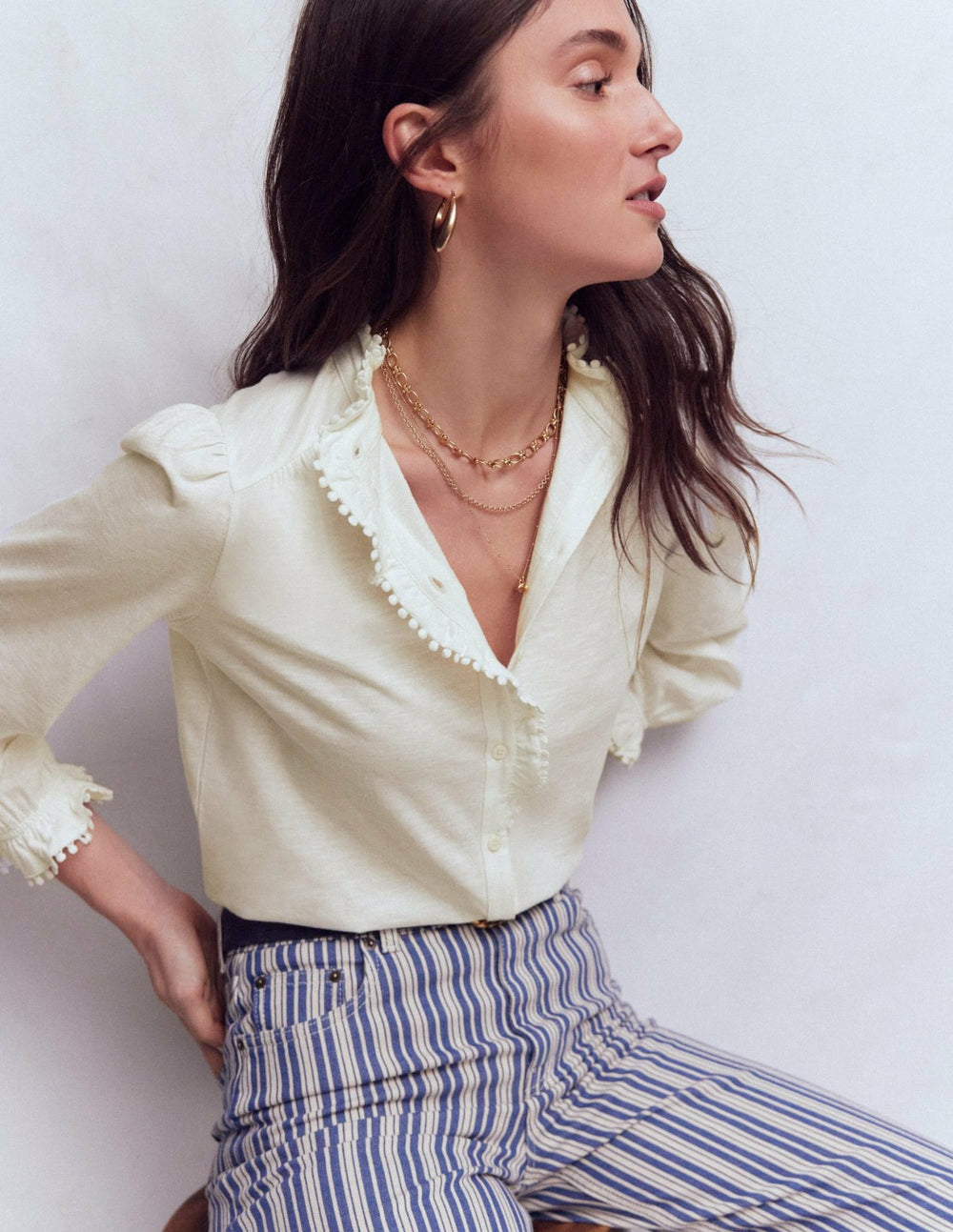 Emily Pom Trim Ruffle Shirt-Ivory / Boden On sale