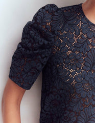 Pleat Sleeve Lace T-shirt-Navy / Boden Outlet
