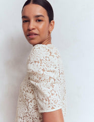 Pleat Sleeve Lace T-shirt-Ivory / Boden