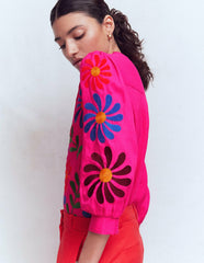 Alicia Linen Top-Pink Peony, Flower Embroidery / Boden