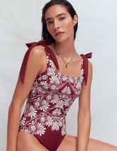 Bow Tie Shoulder Swimsuit-Maroon, Botanical Charm / Boden Sale