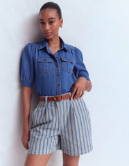 Pleat Front Denim Shorts-Stripe / Boden