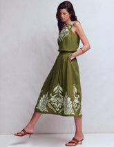 Verity Linen Midi Skirt-Woodland Green Embroidery / Boden Outlet