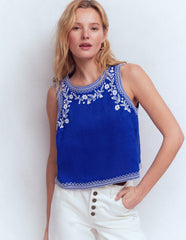 Sofia Embroidered Linen Top-Bright Blue / Boden us