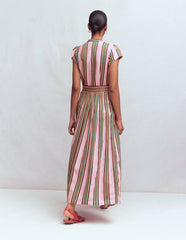 Arabella Linen Blend Dress-Pink, Rich Emerald Stripe / Boden Sale