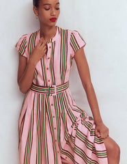 Arabella Linen Blend Dress-Pink, Rich Emerald Stripe / Boden Sale