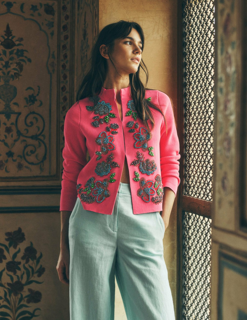 Elena Stand Neck Jacket-Pink Embroidery / Boden Online