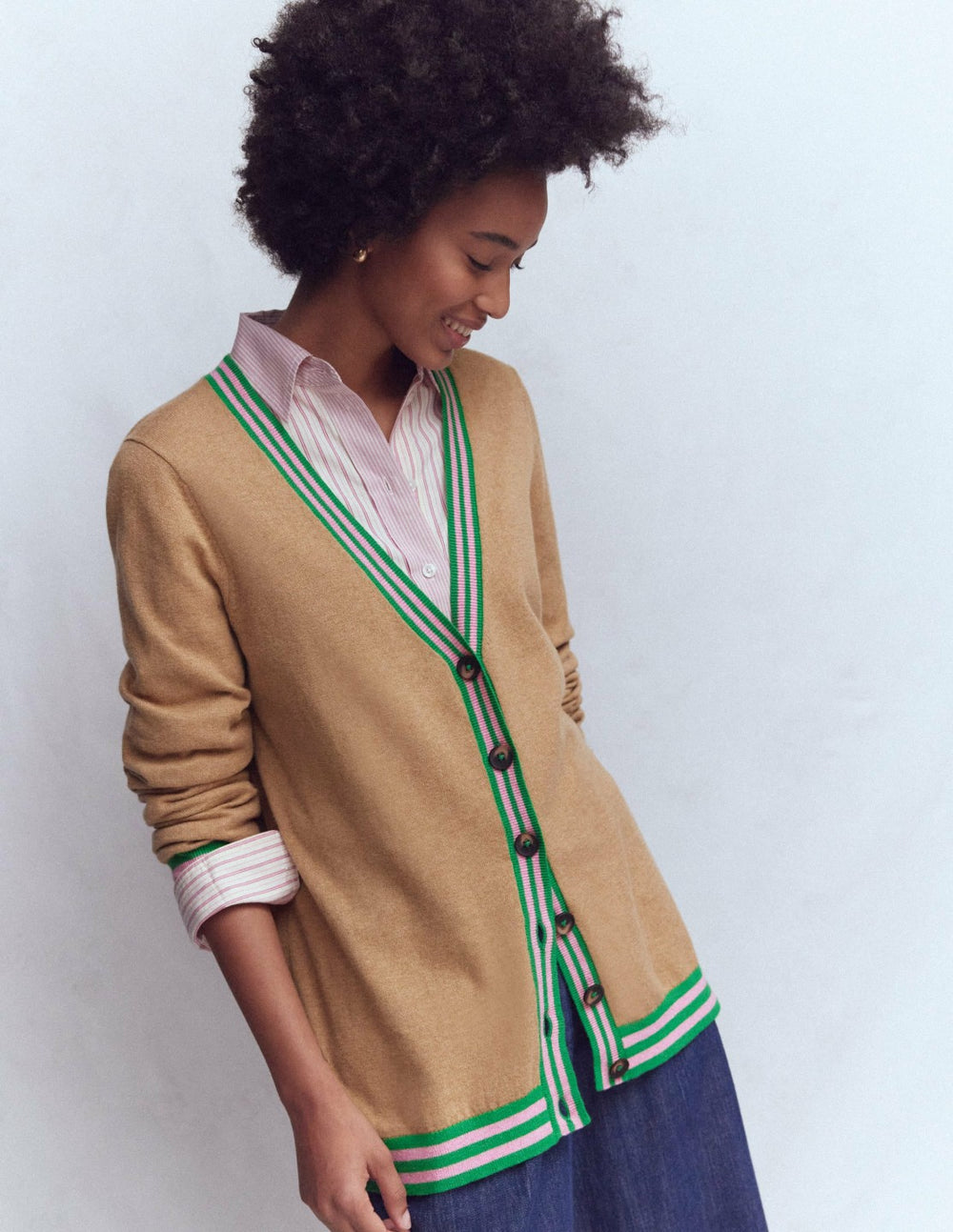 V Neck Longline Cardigan-Camel Melange / Boden Online