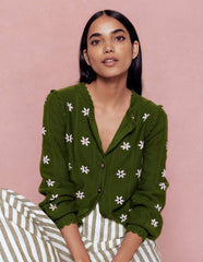 Valeria Crochet Trim Cardigan-Promenade Green , Embroidery / Boden On sale