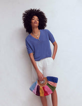 Agnes Linen V Neck T-Shirt-Solid Blue / Boden