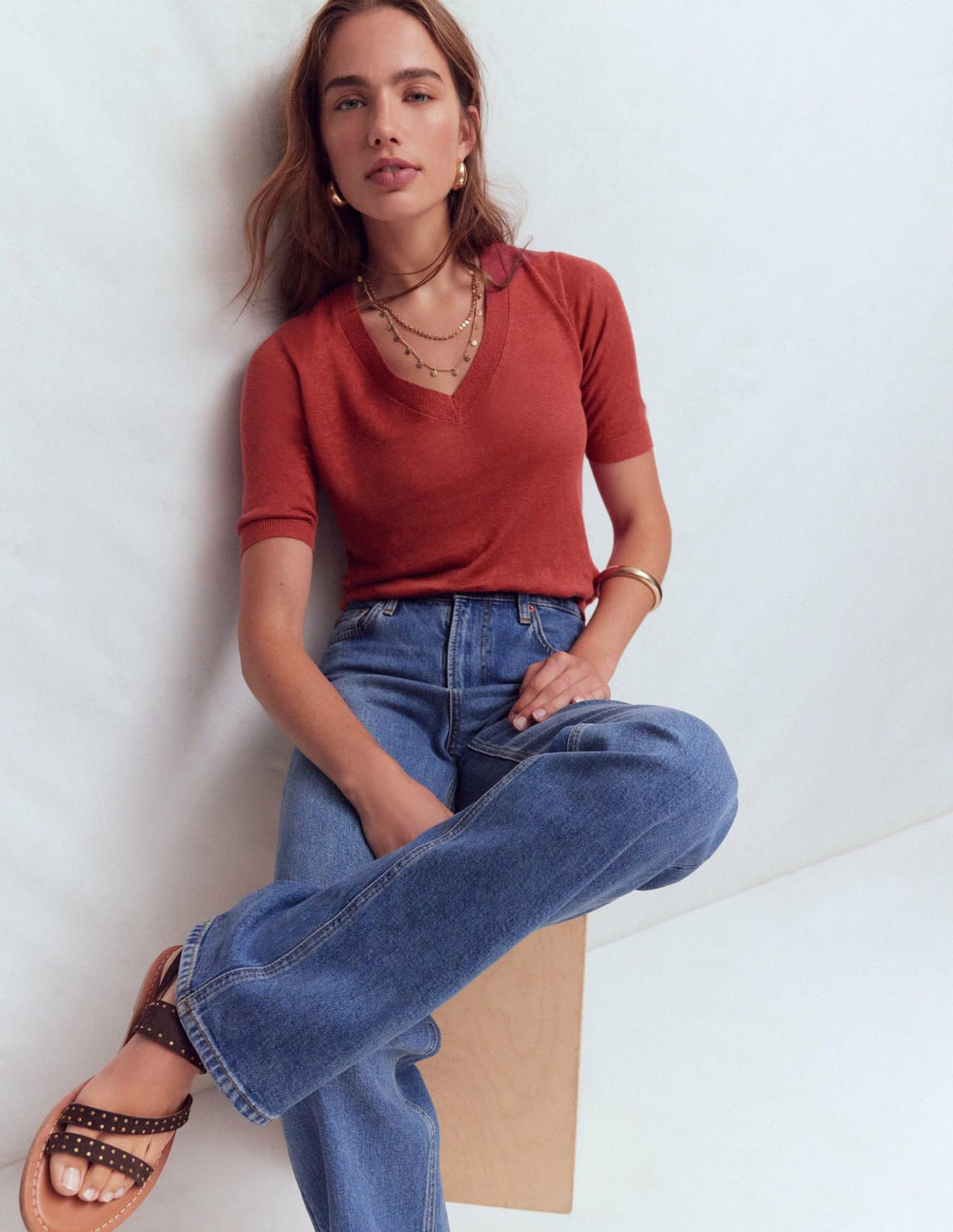 Agnes Linen V Neck T-Shirt-Burnt Orange / Boden us