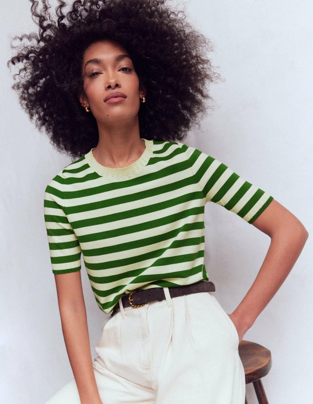 Emilia Cotton Crew T-shirt-Promenade Green/ Ivory Stripe / Boden us