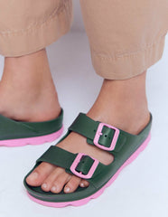 Lyla Double Buckle Sliders-Khaki/Pink / Boden Discount