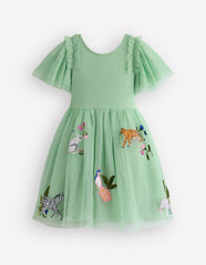 Short Sleeve Logo Tulle Dress-Green Jungle Animals / Boden On sale