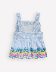 Embroidered Shirred Top-Ticking Rainbows / Boden