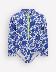 Long-sleeved Swimsuit-Bright Blue Jungle Woodblock / Boden