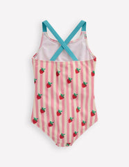 Cross-Back Printed Swimsuit-Pink Strawberry Stripe / Boden Online