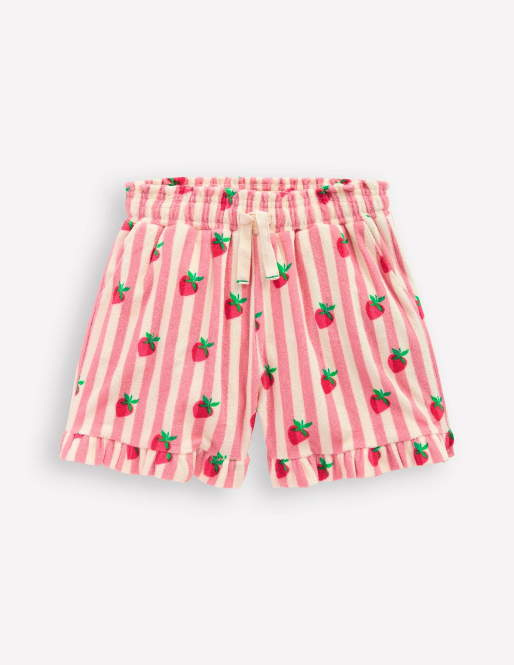 Towelling Ruffle Shorts-Strawberry Stripe / Boden