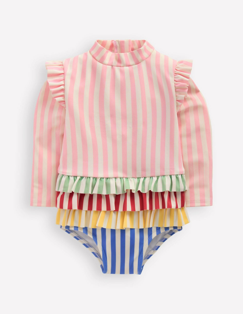 Long Sleeve Frill Swimsuit-Hotchpotch Stripe / Boden Outlet