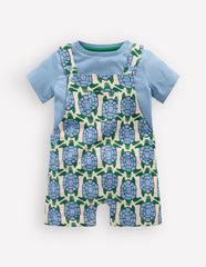 Jersey Short Dungaree Set-Blue Geo Turtles / Boden