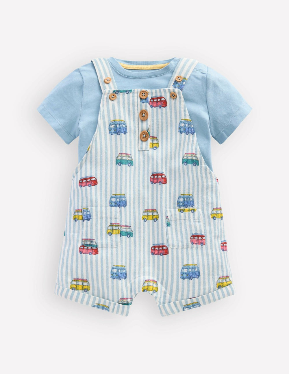 Short Woven Overalls Set-Silver Lake Blue Camper Vans / Boden Discount