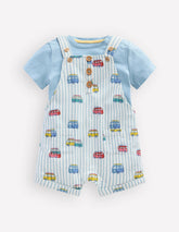 Short Woven Overalls Set-Silver Lake Blue Camper Vans / Boden Discount