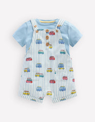 Short Woven Overalls Set-Silver Lake Blue Camper Vans / Boden Discount