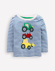 Long Sleeve Appliqué T-Shirt-Blue Stripe Tractors / Boden us