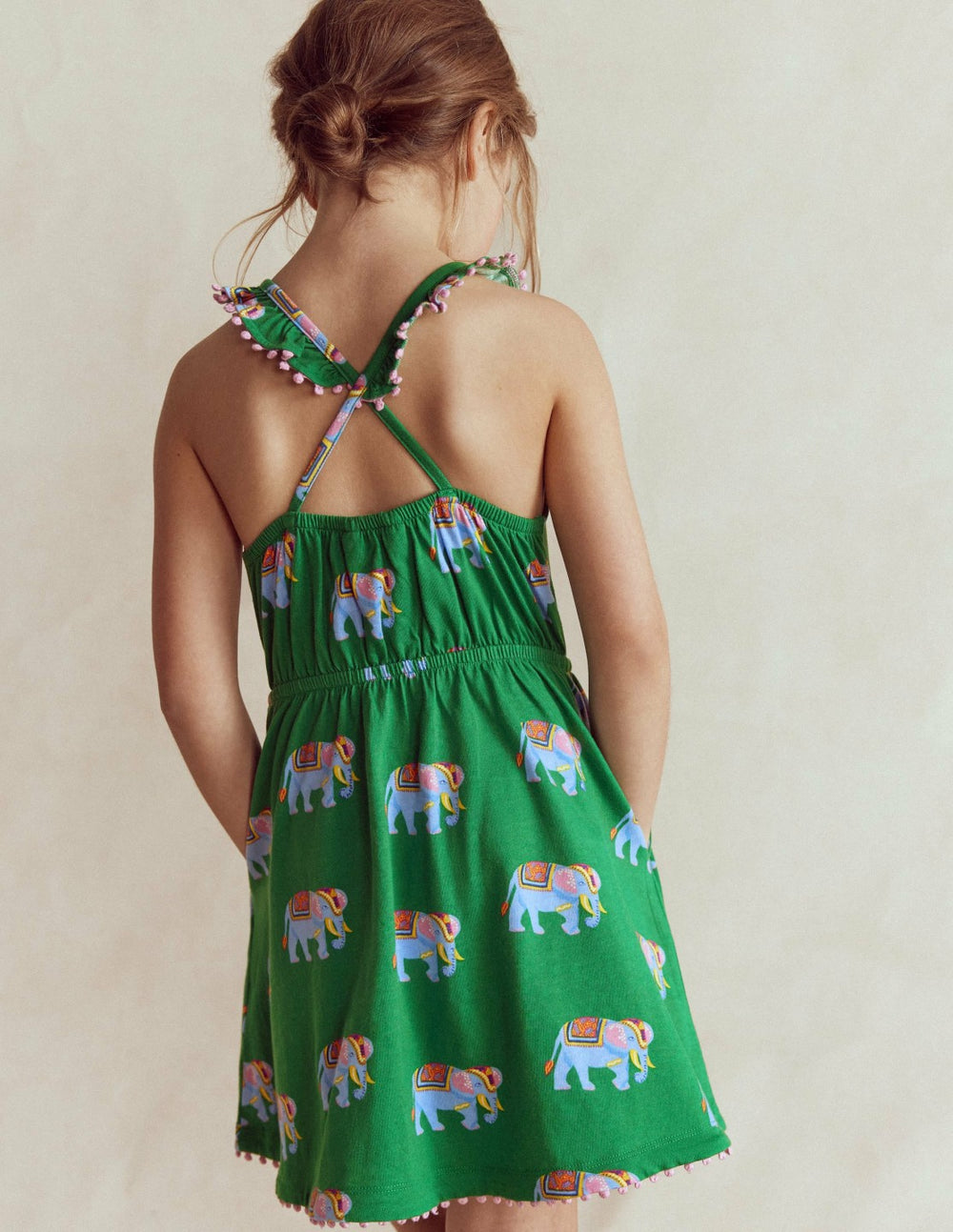 Ruffle Neck Trim Dress-Highland Green Elephants / Boden Online