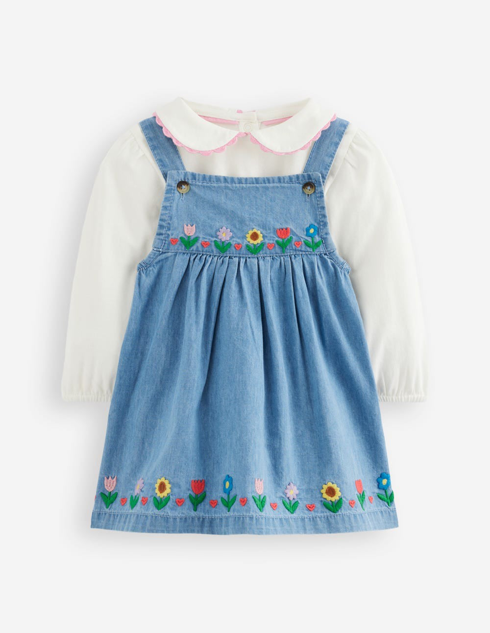 Embroidered Pinny Dress Set-Chambray Floral Embroidery / Boden Outlet