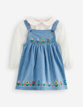 Embroidered Pinny Dress Set-Chambray Floral Embroidery / Boden Outlet