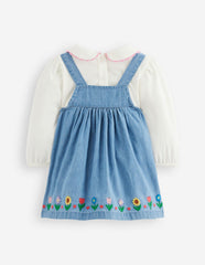 Embroidered Pinny Dress Set-Chambray Floral Embroidery / Boden Outlet