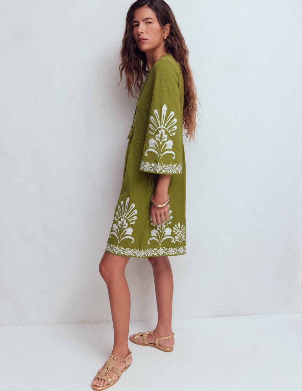 Short Kaftan Jersey Dress-Khaki Embroidered / Boden