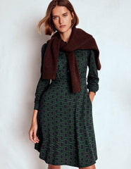 Orla Short Jersey Shirt Dress-Dark Green, Square Geometric / Boden