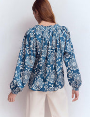 Serena Pleat Neck Top-Blue, Decorative Blossom / Boden