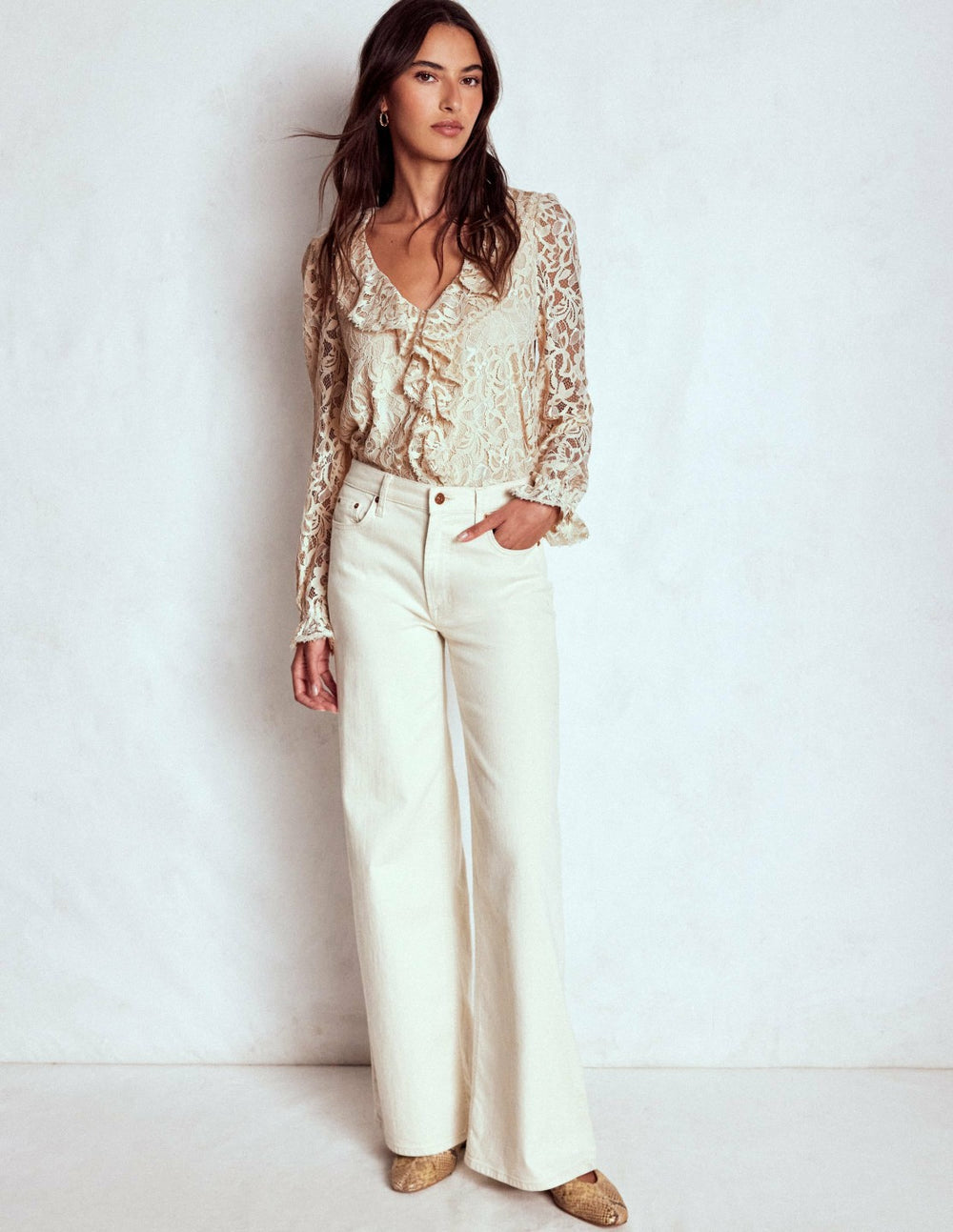 Ruffle Detail Lace Blouse-Ivory / Boden Online