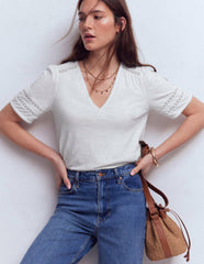Poppy Trim V Neck T-Shirt-White / Boden Online