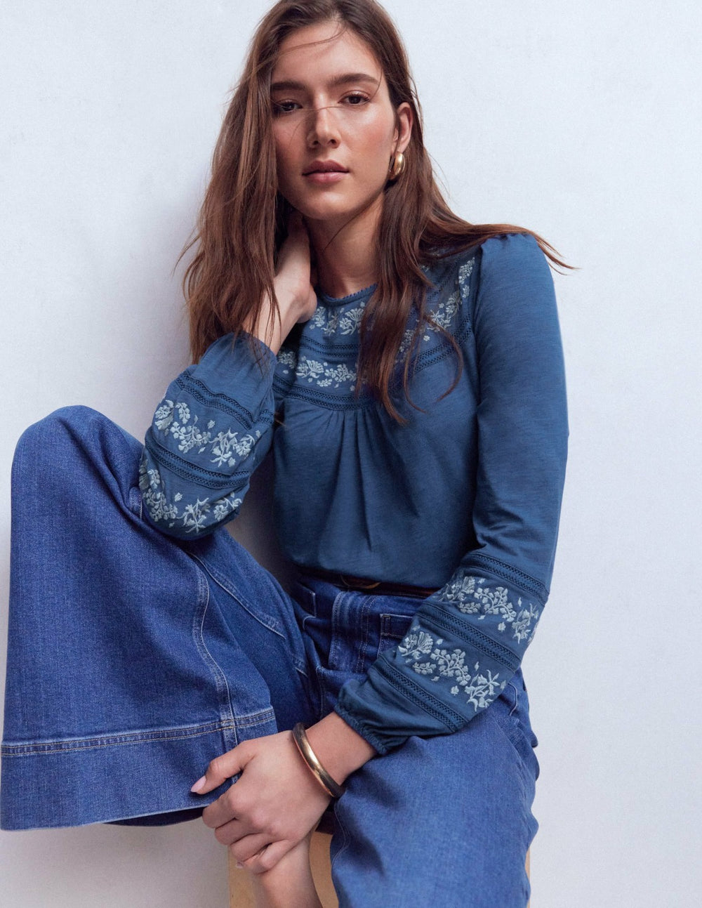 Rosie Embroidered Jersey Top-Denim Blue / Boden Discount