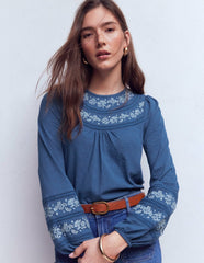 Rosie Embroidered Jersey Top-Denim Blue / Boden Discount