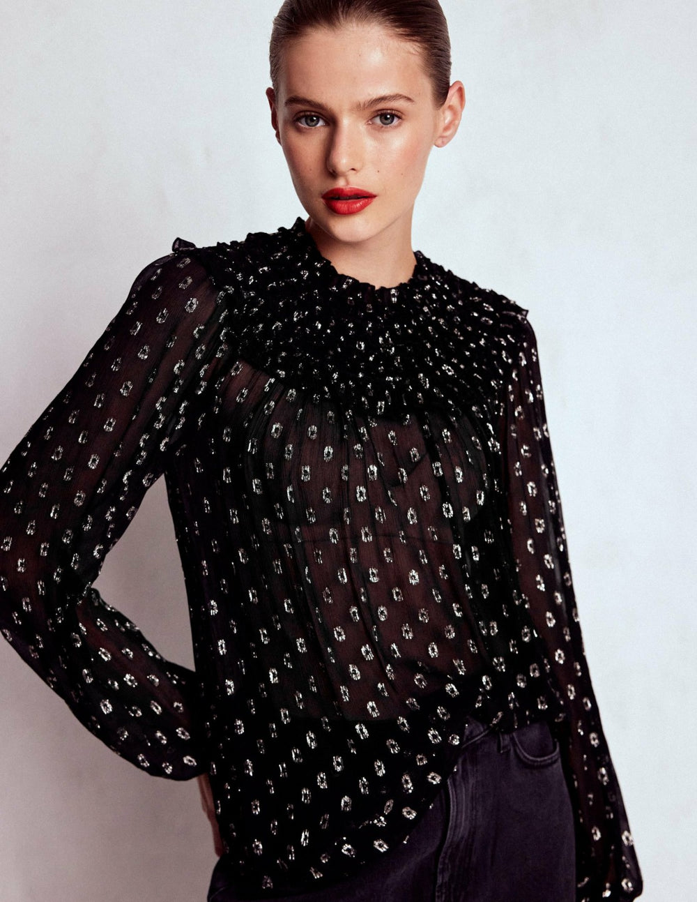 Metallic Ruffle Collar Top-Black, Lurex Clip / Boden Sale
