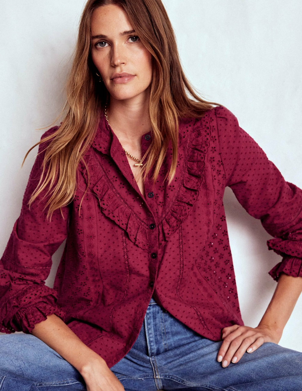 Broderie Ruffle Top-Ruby Red / Boden Online