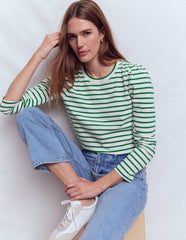 Pleat Sleeve Stripe Top-Jewel Green and Ivory Stripe / Boden Discount