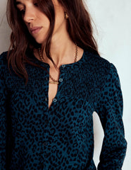 Elsa Smocked Yoke Jersey Shirt-Teal Leopard / Boden On sale