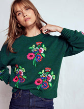 Natalie Embroidered Sweater-Emerald Night Bouquet / Boden