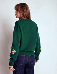 Natalie Embroidered Sweater-Emerald Night Bouquet / Boden