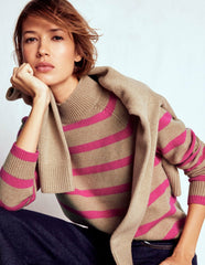 Marion Merino Rib Neck Sweater-Camel, Brilliant Pink Stripe / Boden Outlet