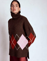 Polly Merino Roll Neck Sweater-Brown, Pink Argyle / Boden