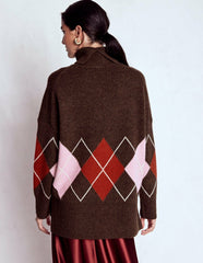 Polly Merino Roll Neck Sweater-Brown, Pink Argyle / Boden