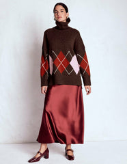 Polly Merino Roll Neck Sweater-Brown, Pink Argyle / Boden